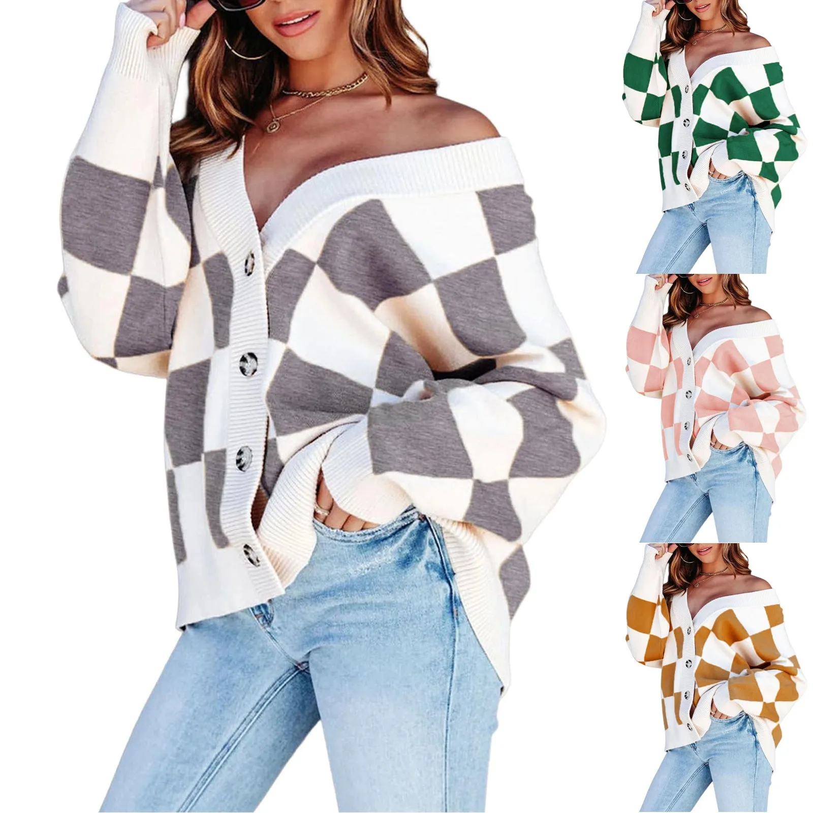 Fashion Casual Loose Checkered Contrast Color Knitted Cardigan
