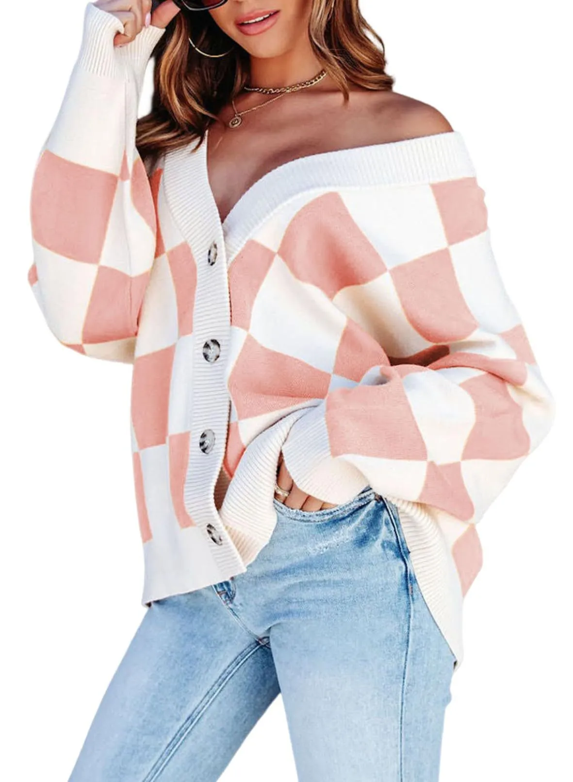 Fashion Casual Loose Checkered Contrast Color Knitted Cardigan
