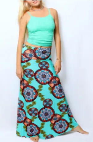 Flared Hem Maxi Skirt • Turquoise Boho Print