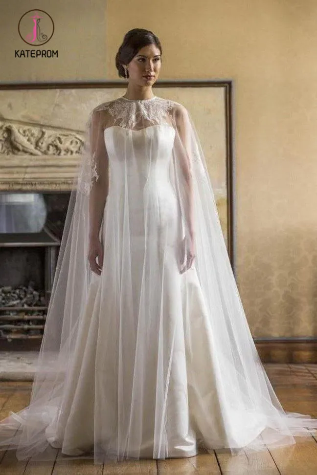 Kateprom Ivory Floor Length Tulle Cape Floral Lace Wedding Shawl, Unique Wedding Shawl, Wedding Wraps KPJ0016