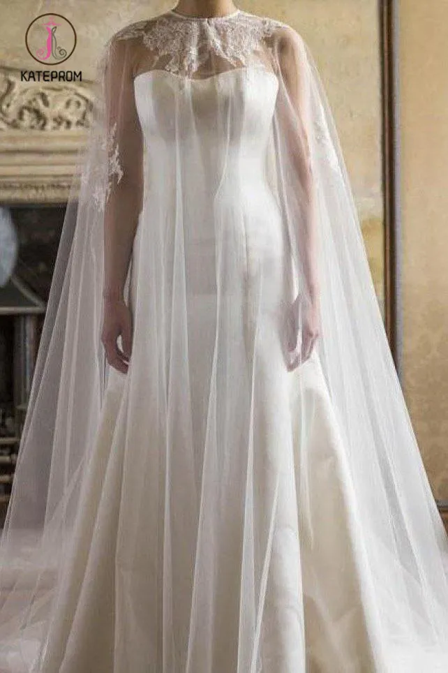 Kateprom Ivory Floor Length Tulle Cape Floral Lace Wedding Shawl, Unique Wedding Shawl, Wedding Wraps KPJ0016