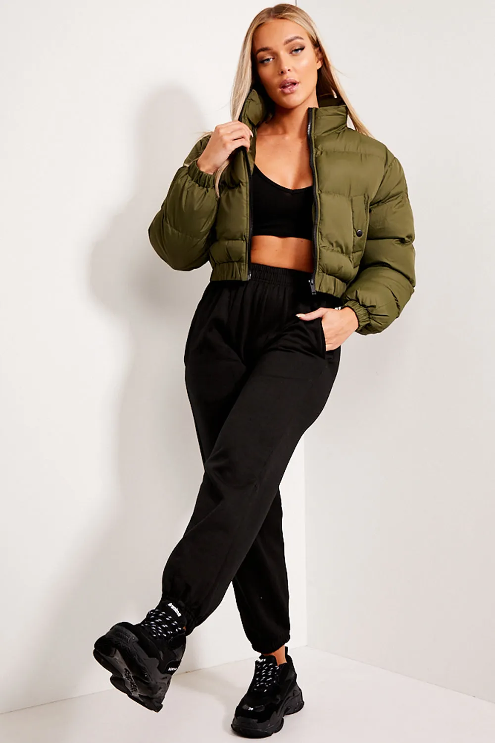 Khaki Cropped Puffer Jacket