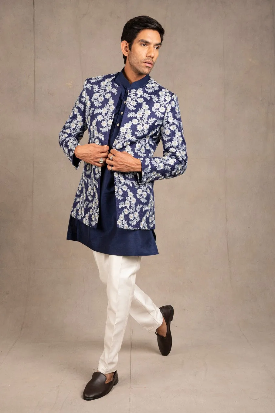 Midnight Blue Emroidered Short Jacket Set