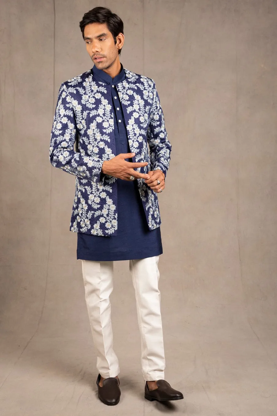 Midnight Blue Emroidered Short Jacket Set