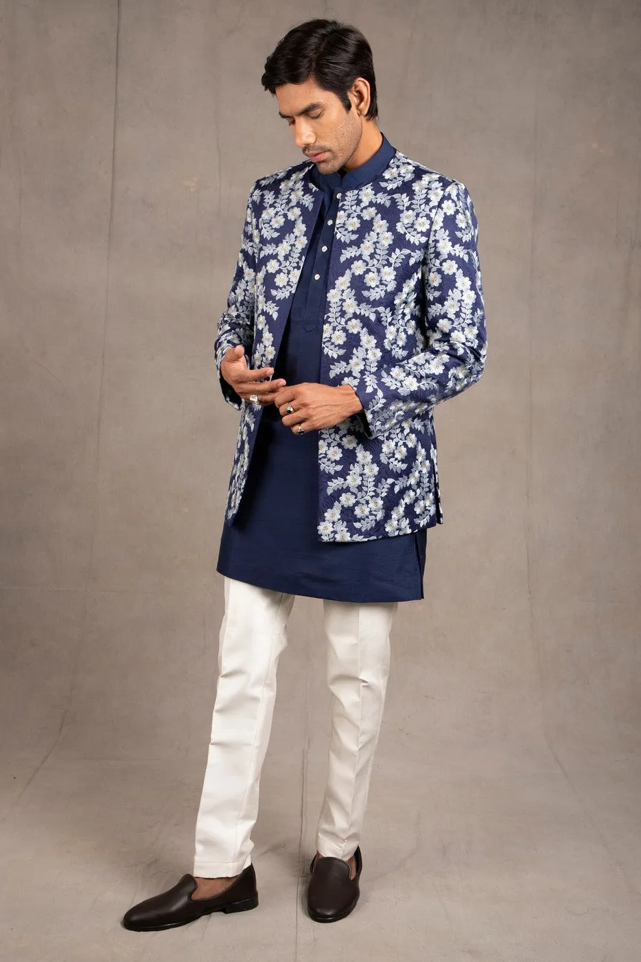 Midnight Blue Emroidered Short Jacket Set