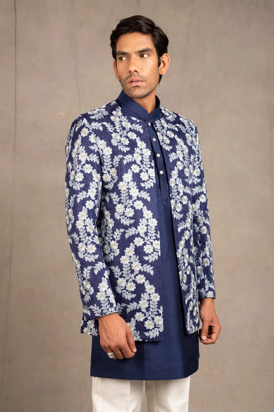 Midnight Blue Emroidered Short Jacket Set