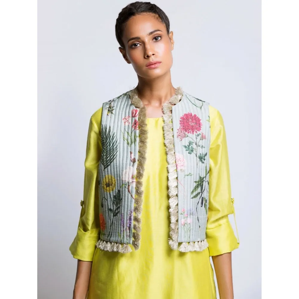 Payal Singhal Lime Kurta And Printed Jacket - Set of 3