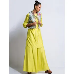 Payal Singhal Lime Kurta And Printed Jacket - Set of 3