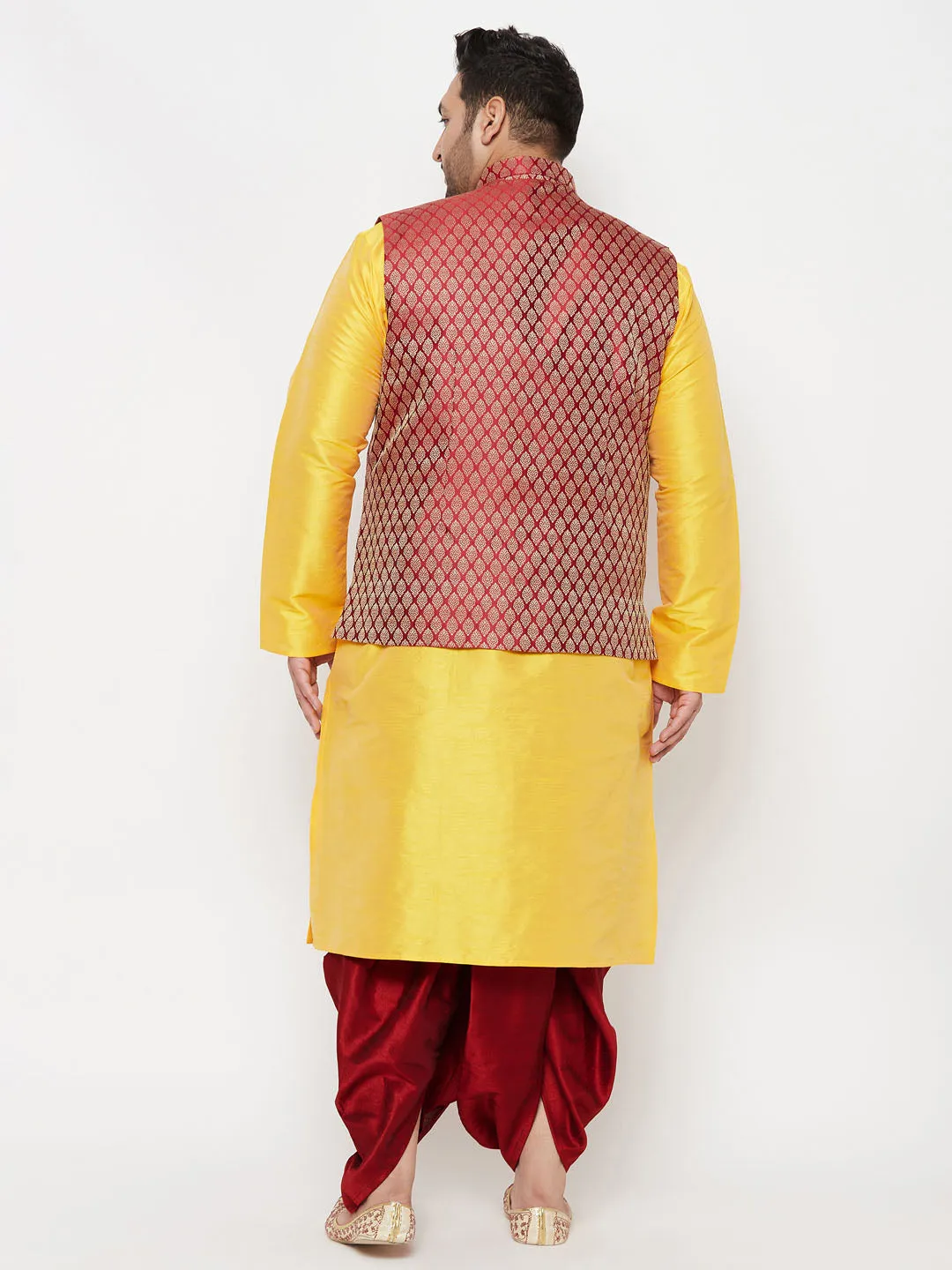 VASTRAMAY PLUS Men's Maroon Nehru Jacket With Yellow Kurta And Maroon Dhoti Set
