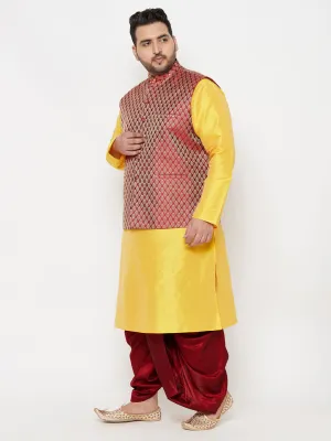VASTRAMAY PLUS Men's Maroon Nehru Jacket With Yellow Kurta And Maroon Dhoti Set