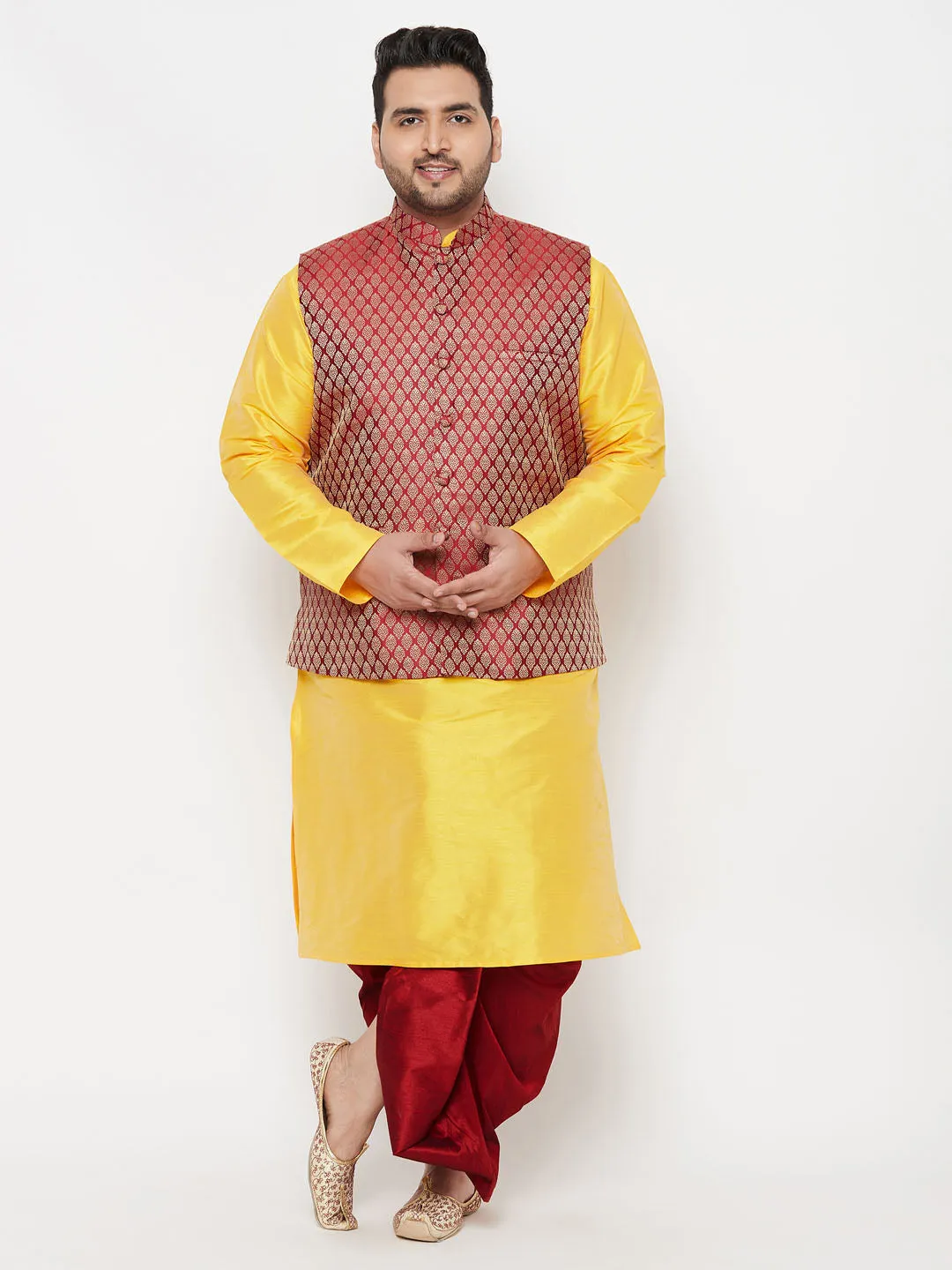 VASTRAMAY PLUS Men's Maroon Nehru Jacket With Yellow Kurta And Maroon Dhoti Set